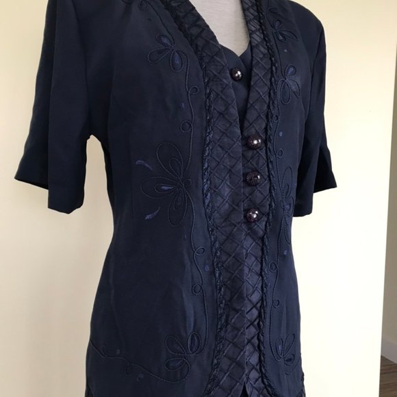 Modern Touch Navy Blue Two piece Skirt Suit with Embroidered Jacket Blouse - Picture 3 of 4